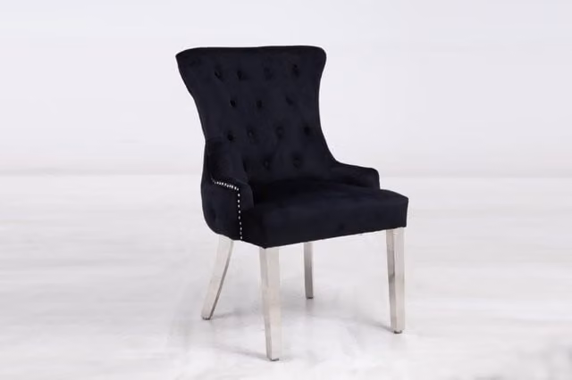 Modernique Pair of Black Velvet Solid Back Dining Chairs with Chrome Knocker and Metal Legs