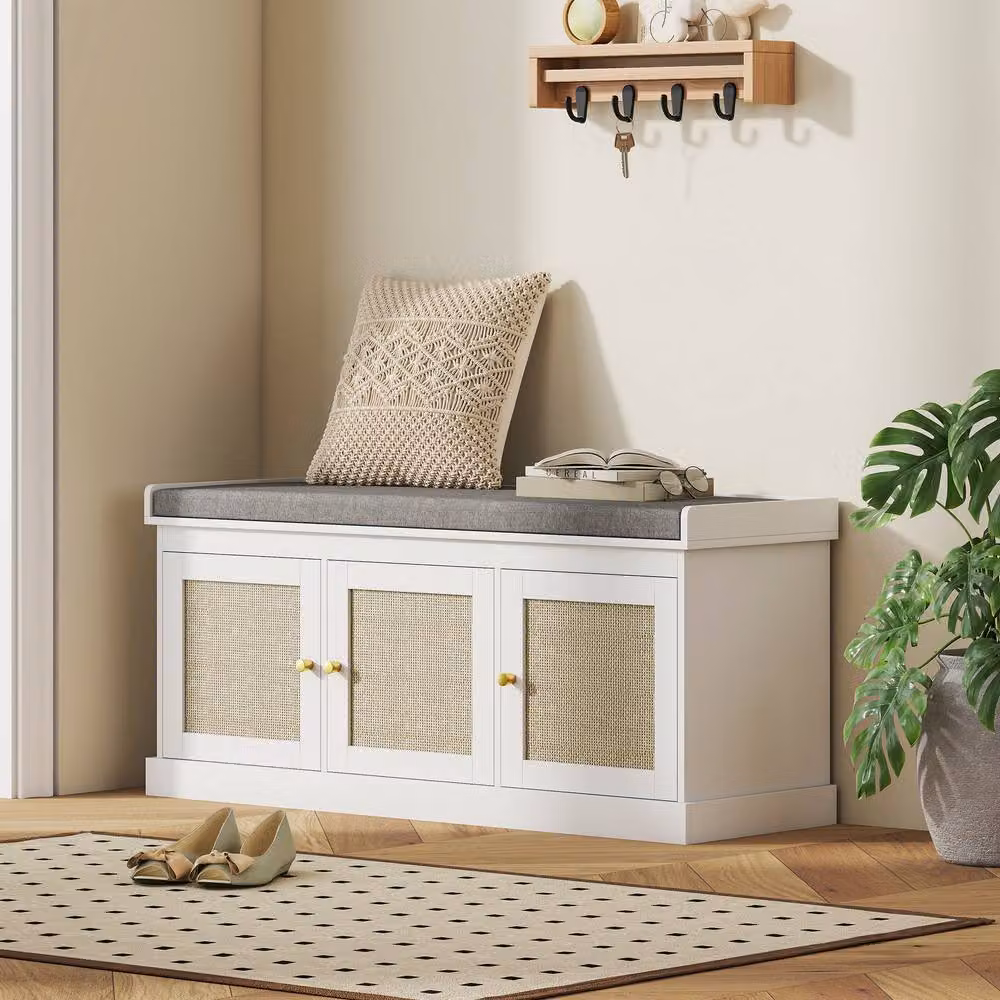 ERGOVEXA White Shoe Storage Bench with Woven Rattan Doors and Fabric Cushion Seat – 3