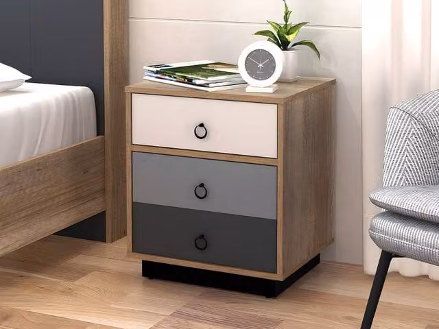 Vente-unique Bedside Table with 1 Drawer and 1 Door in Natural, White and Grey