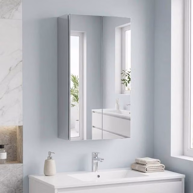 STILVORA Modern Wall-Mounted Bathroom Mirror Cabinet with Glass Doors and Internal Shelves in Silver