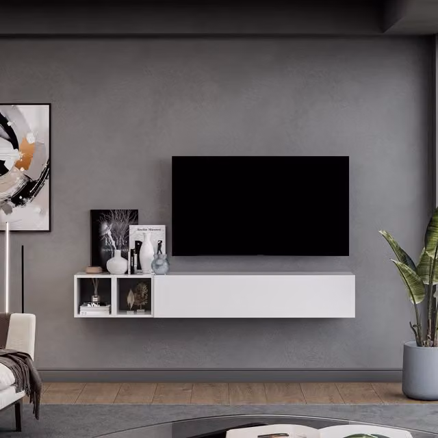 Decorotika Badalona Modern Wall Mounted Entertainment Center in High Gloss White