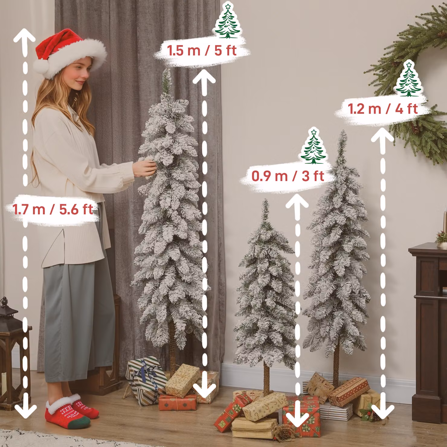 HOMCOM Set of 3 White Flocked Pencil Christmas Trees – 3