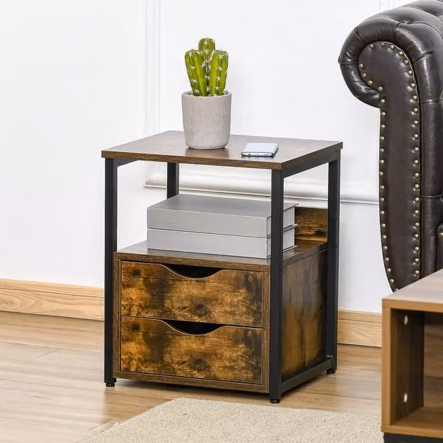 HOMCOM Industrial Side Table with Drawer in Brown and Black