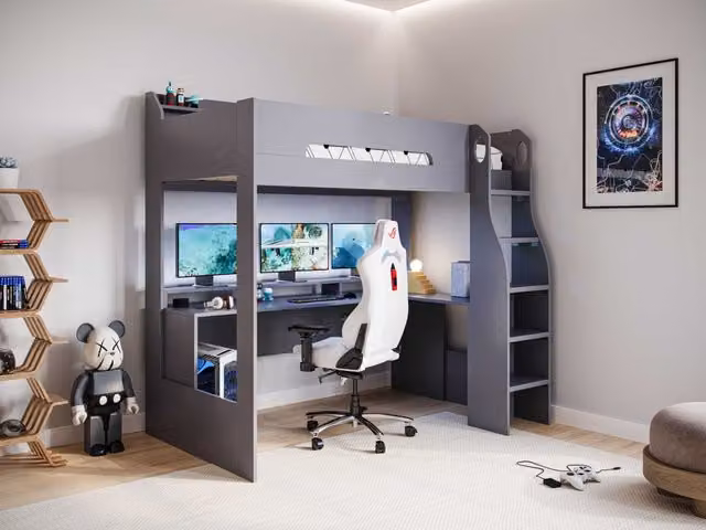 Flair Skyhigh Gaming High Sleeper Bed in Grey, Single Size, W/D/H: 90 x 200 x 116 cm – 1