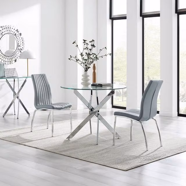 FurnitureboxUK Novara Round Glass Dining Table and 2 Isco Chairs Set, Grey