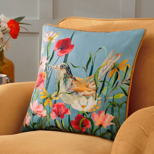 Wylder Marais Bird Meadow Printed Chenille Cushion, Multicolour, W/D/H: 45 x 45 x 45 cm – 3