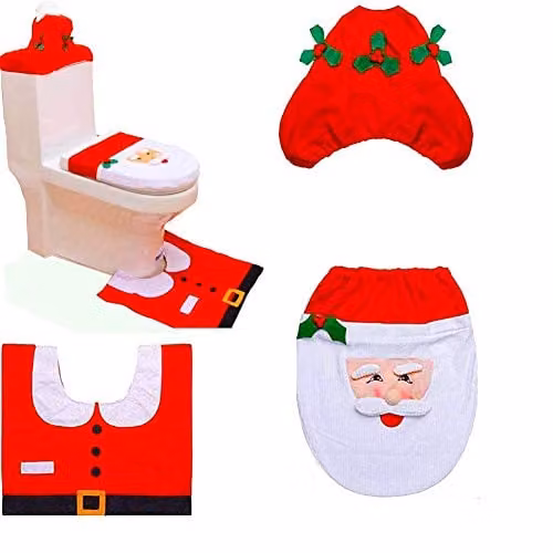 SHATCHI Christmas Santa 3-Piece Bathroom Set including Toilet Seat Cover, Tank Cover and Bath Mat, Red