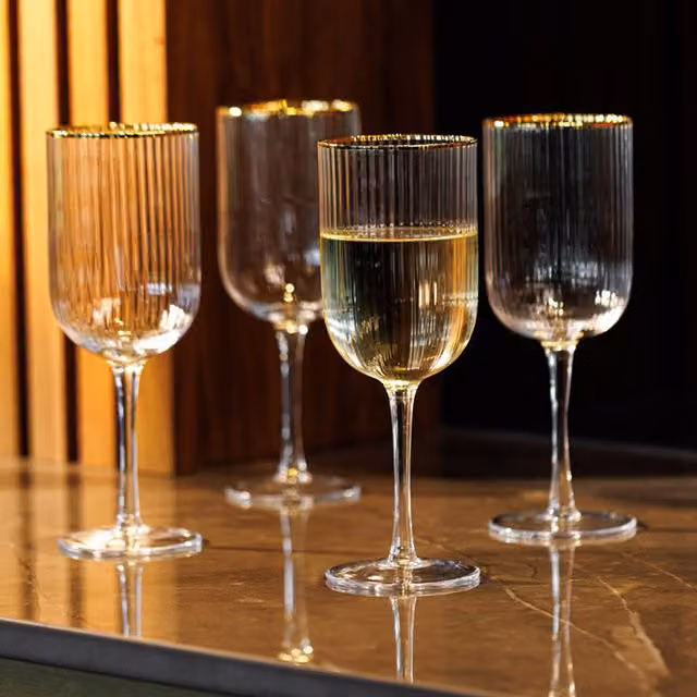 Mikasa Set of 4 Striped Gold Transparent Lead-Free Crystal Wine Glasses, 400 ml each