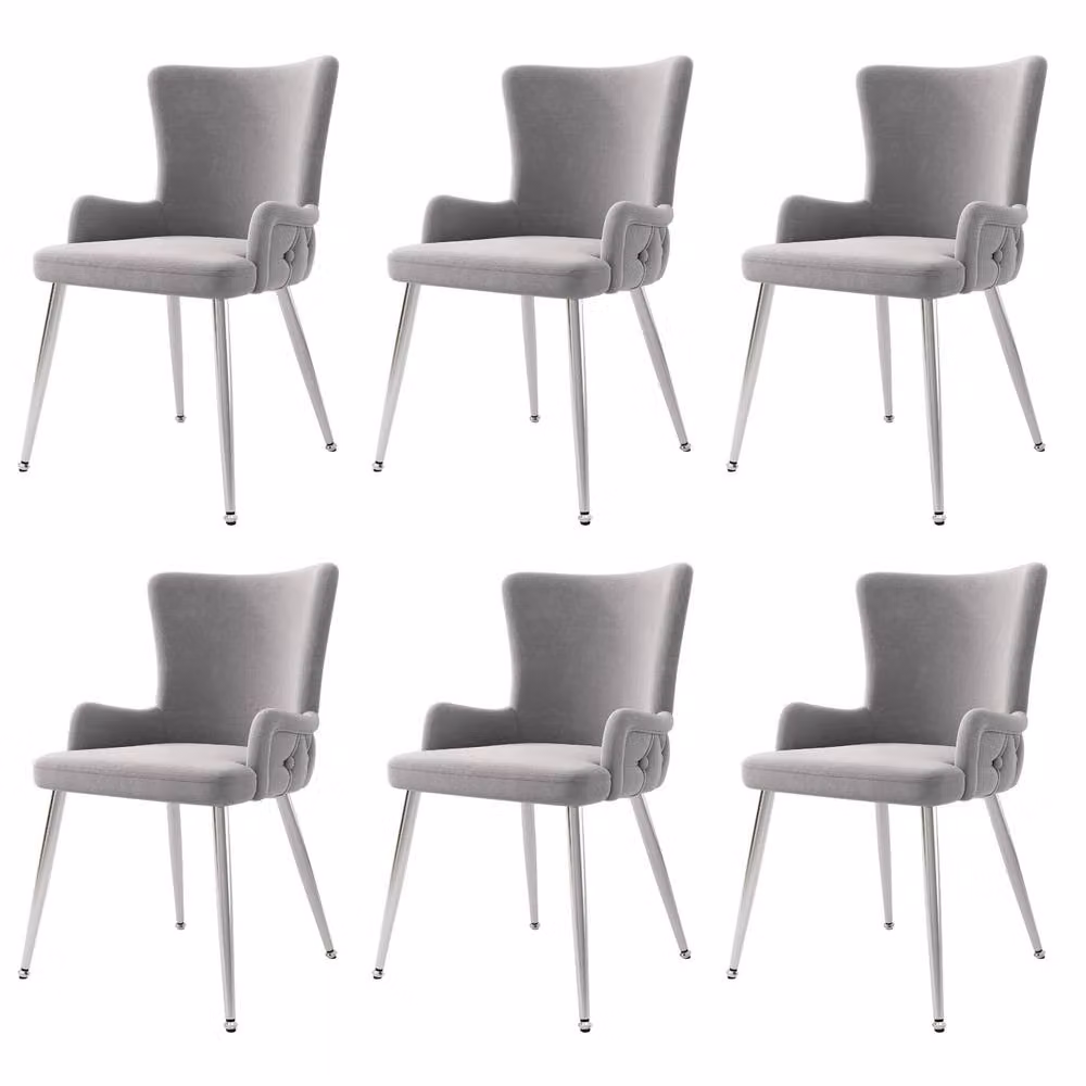 Merax Set of 6 Grey Velvet Upholstered Wingback Dining Chairs with Gold Metal Legs – 2