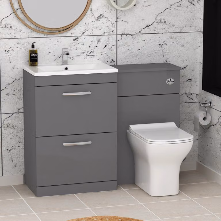 Royal Bathrooms Turin 1100mm Indigo Grey Gloss Minimalist 2-Drawer Basin and Qubix Back to Wall Toilet Pack