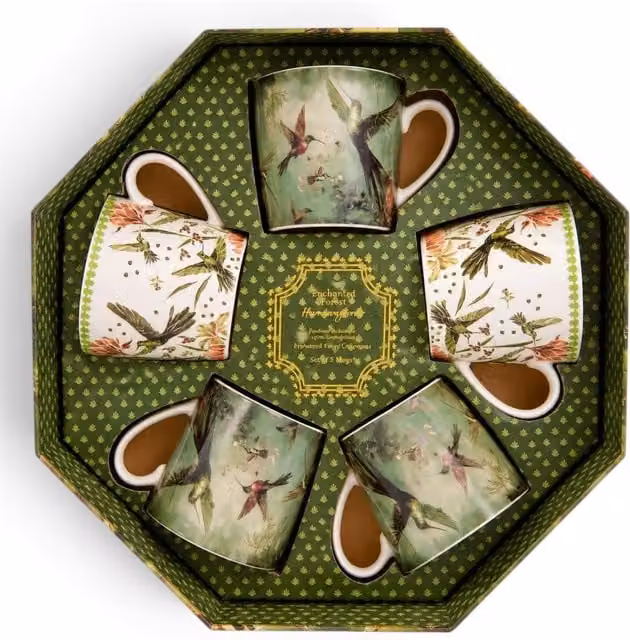 Candlelight Enchanted Forest Hummingbirds Floral Ceramic Mug Set of 5 with Lids in Green