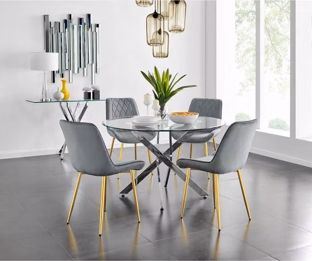 FurnitureboxUK Novara Round Glass Dining Table and Four Pesaro Gold Leg Chairs in Grey