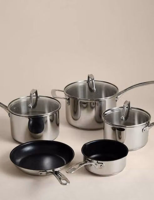 M&S 5 Piece Stainless Steel and Ceramic Pan Set, Silver