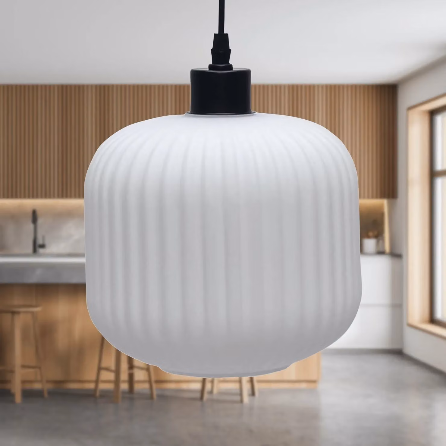 First Choice Lighting Bento Set of 2 Suspended Pendant Lights with White Ribbed Glass and Black Fittings – 2