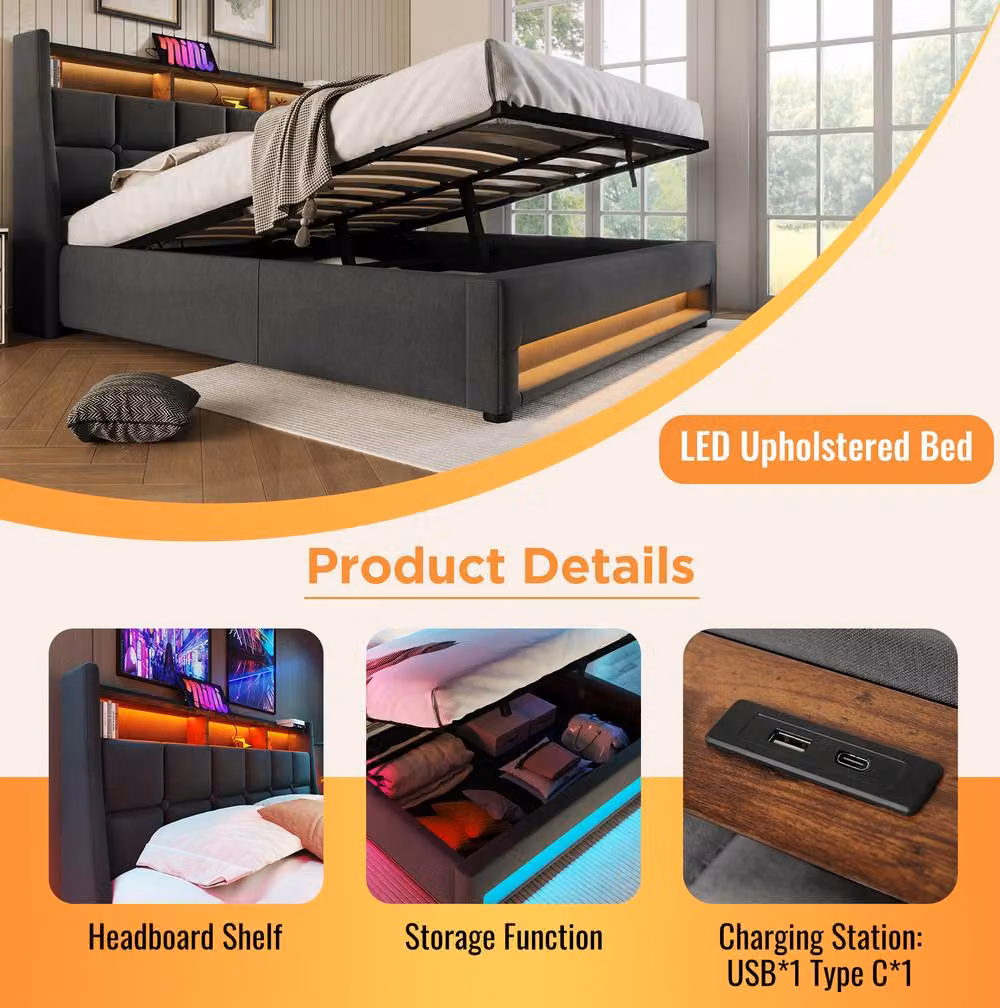 STILVORA Grey Upholstered Double Bed Frame with LED Lighting, USB Charging Ports and Lift-Up Storage Base, W/D/H: 140 x 200 cm – 6