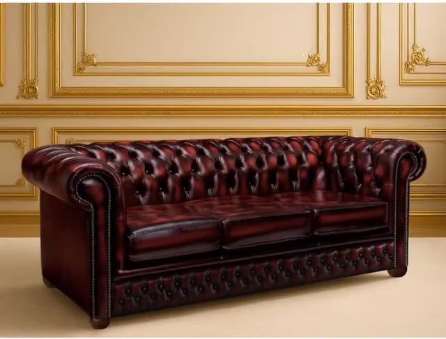 Somnior Beds Ltd Red Vintage Leather Chesterfield 3 Seater Sofa with Solid Wood Frame
