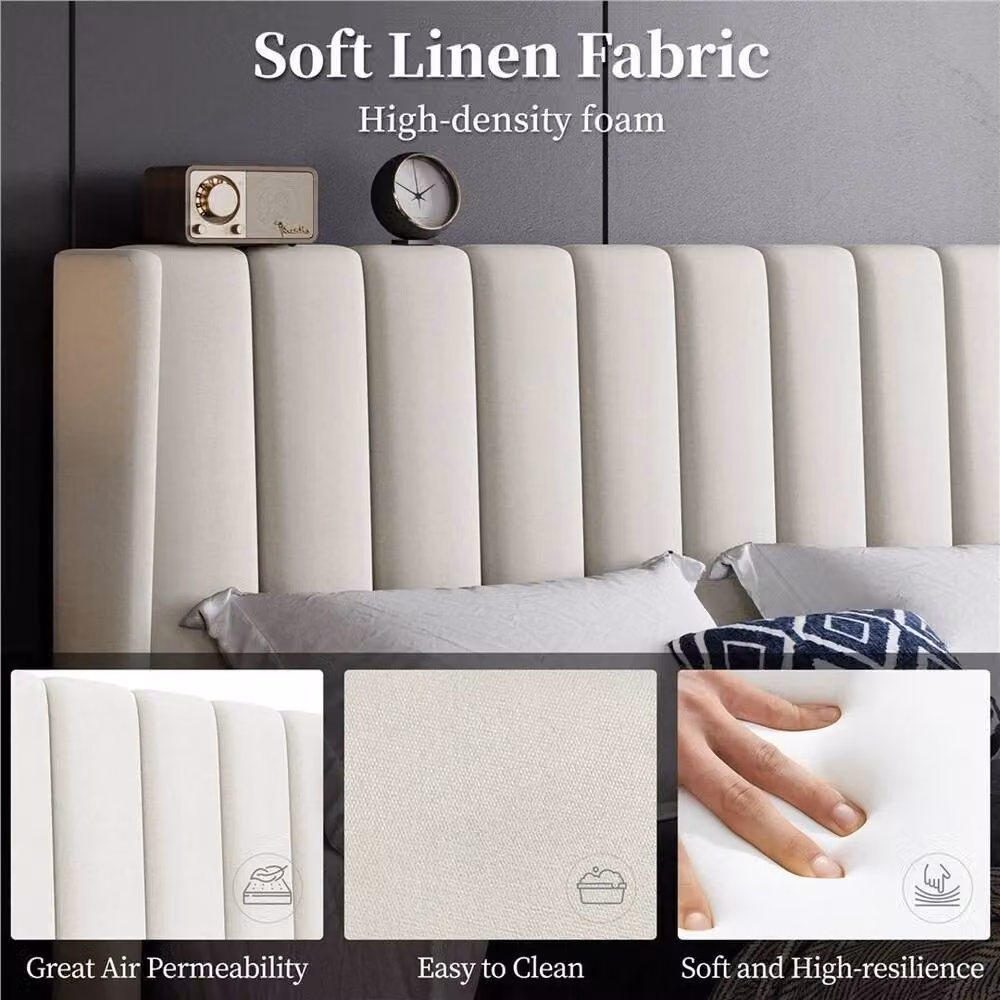 Kelvenix King Upholstered Bed Frame in Beige, W/D/H: 150 x 200 x 104 cm – 3