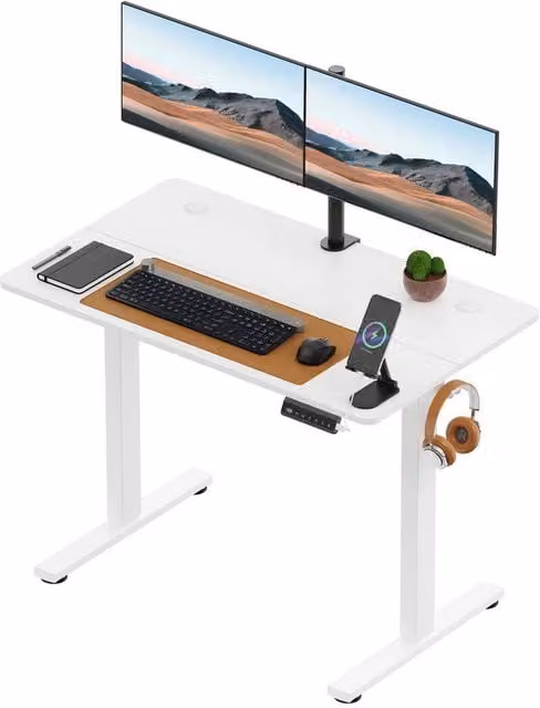 NESTLUNE Electric Height Adjustable Standing Desk in White for Home Office, W: 100 cm, D: 60 cm – 1