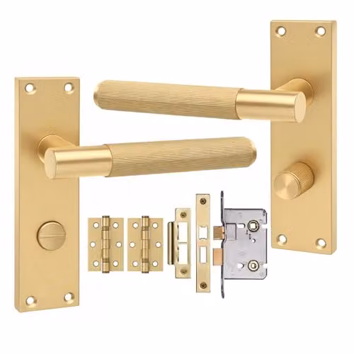 Golden Grace Victorian Linear T-Bar Bathroom Door Handle Set with Long Backplate in Gold and Brass
