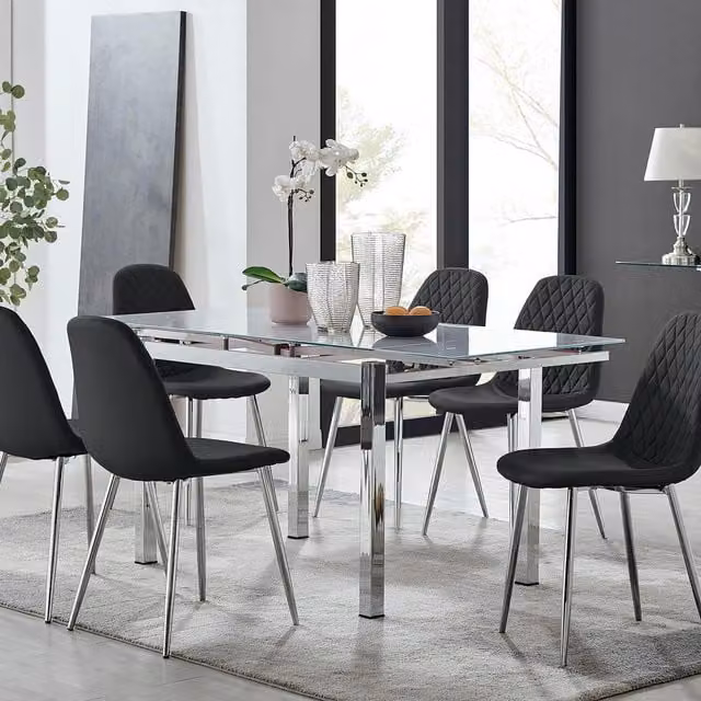 FurnitureboxUK Enna White Glass Extending Rectangular Dining Table and 6 Corona Silver Leg Chairs in Black