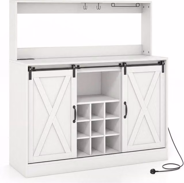KORVIXA White Coffee Bar Cabinet with Charging Station and Sliding Glass Doors, W/D/H: 100 x 100 x 100 cm