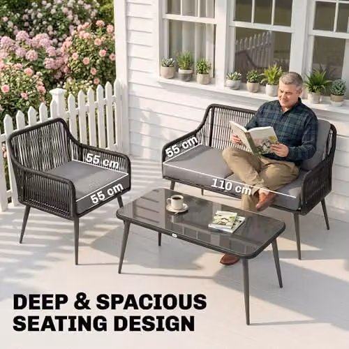 Outsunny 4 Seater Rattan Garden Furniture Set in Black with Upholstered Cushions and Coffee Table – 3
