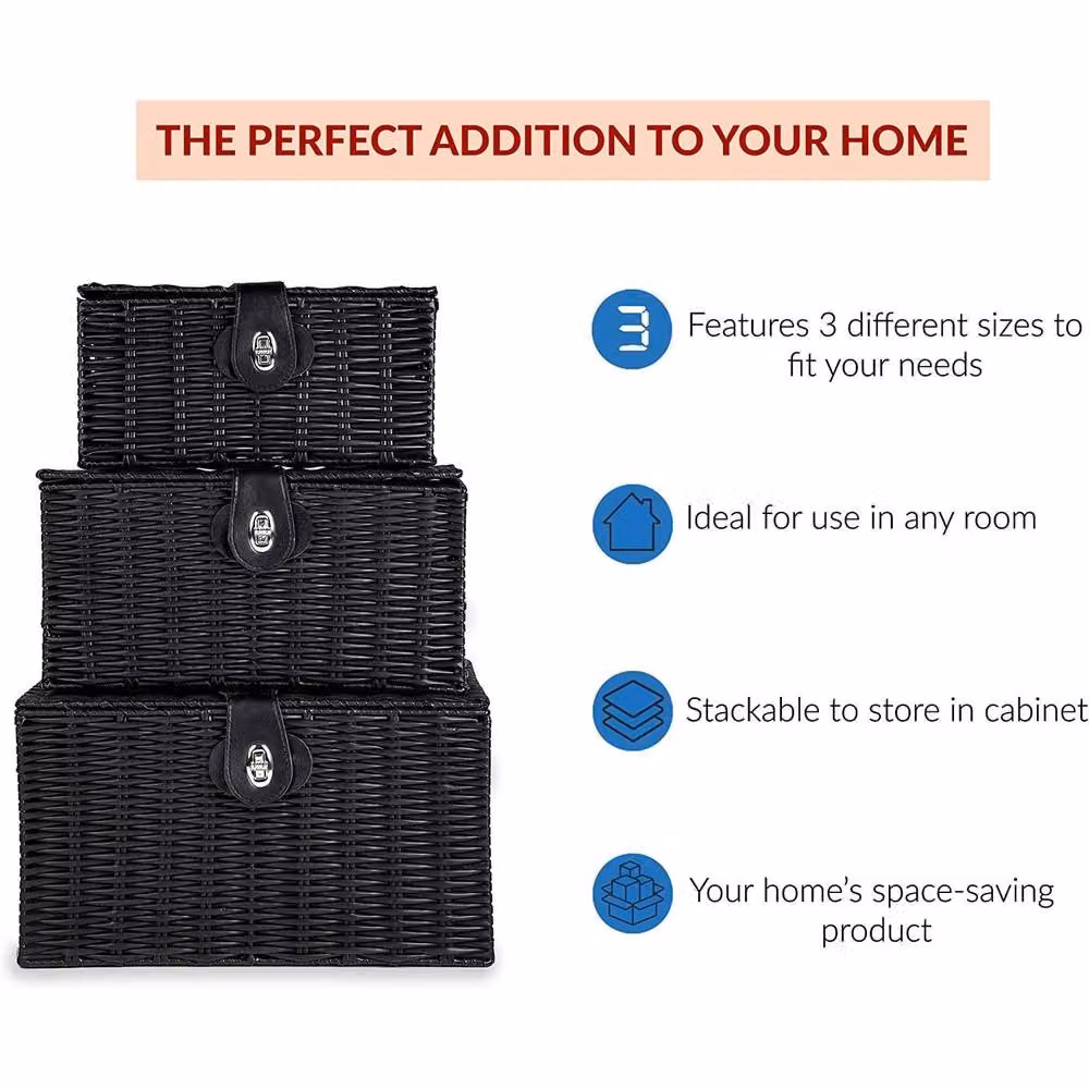 MANTRARAJ Set of 3 Black Resin Wicker Woven Storage Baskets with Lids and Locks – 3