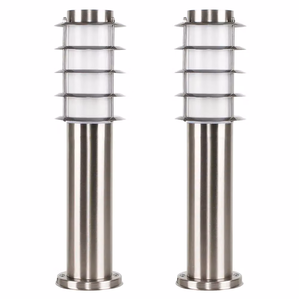 ValueLights Wharf Set of 2 Stainless Steel Outdoor Ground Post Bollard Lights in Silver – 2