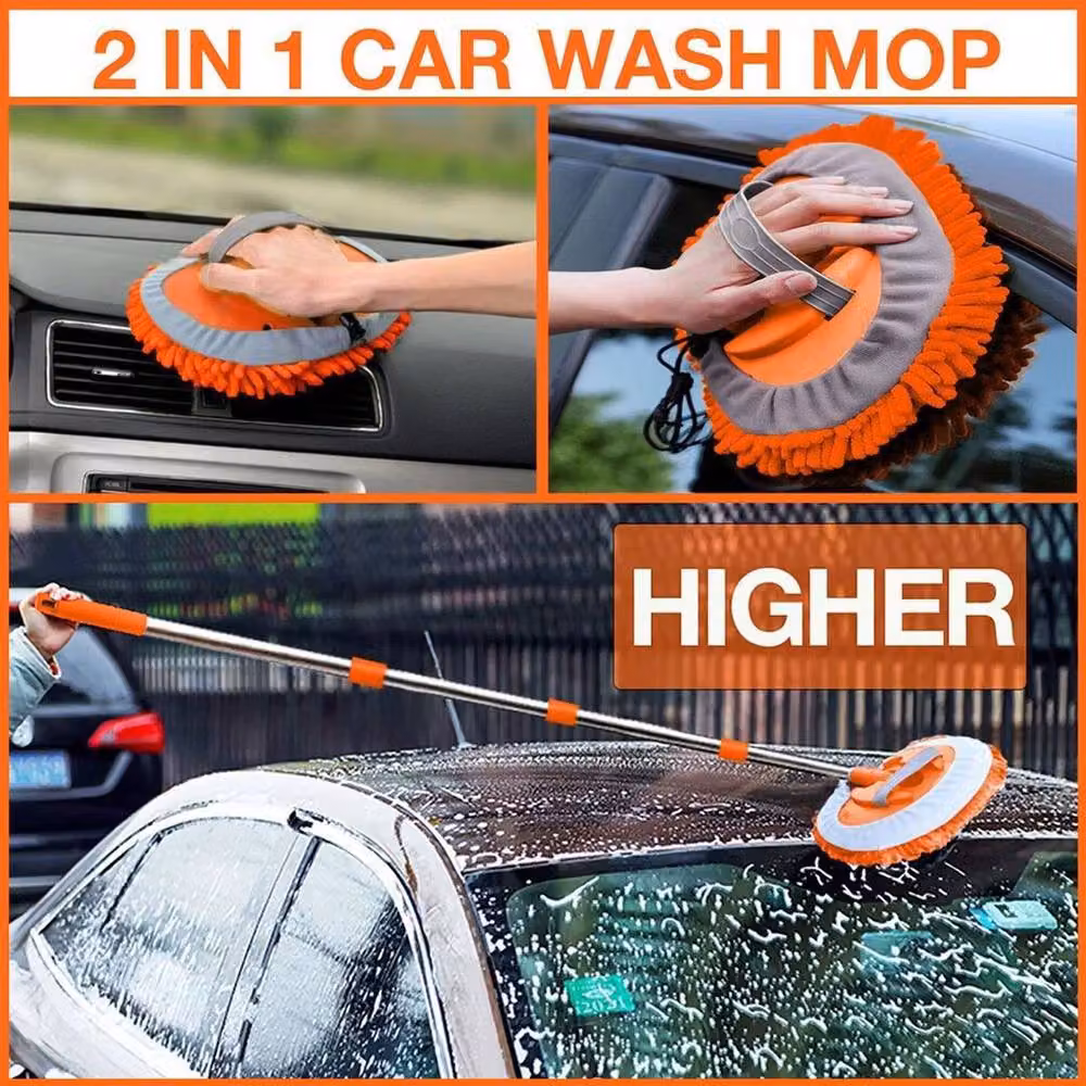 SPETLEK Car Wash Mop with 180 Degree Double Microfibre Refillable Brush Head in Orange – 3