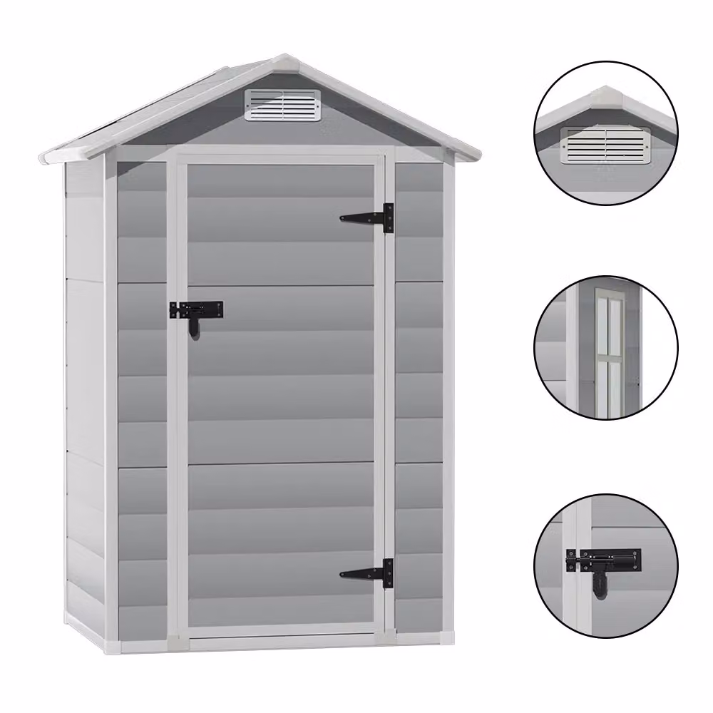 Living and Home Grey Plastic Garden Storage Shed with Apex Roof, Hinged Door and Windows, W/D/H: 121.92 x 91.44 x 202 cm – 4
