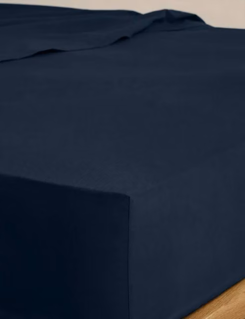 M&S Navy Blue Cotton Rich Percale Deep Fitted Sheet, W: 140 cm, L: 200 cm