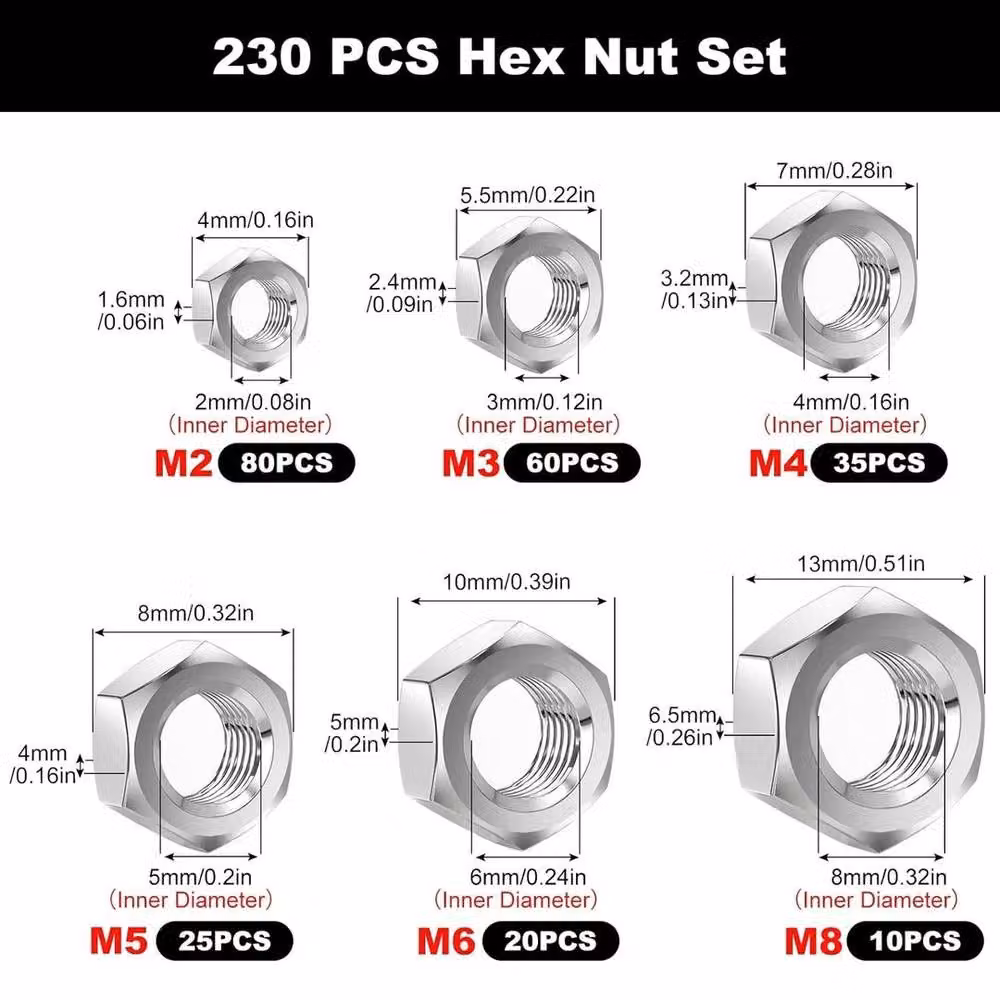 FLAVORA Silver Hex Nuts M2 M3 M4 M5 M6 M8 – 2