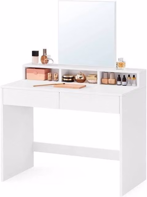 VOGREX White Dressing Vanity Desk with Large Mirror and 2 Drawers, W/D/H: 140 x 80 x 40 cm