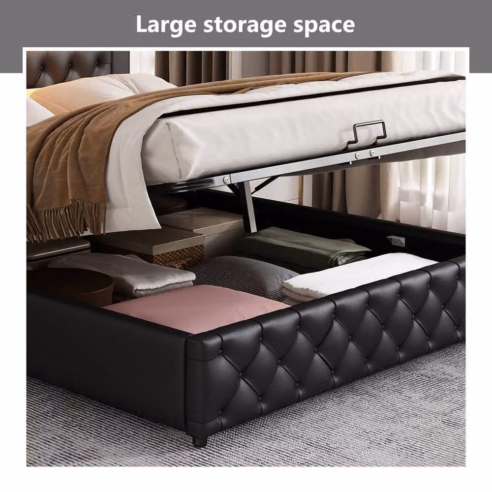 ModernLuxe Upholstered Double Ottoman Bed with LED Under-Bed Lighting and Storage in Black – 8