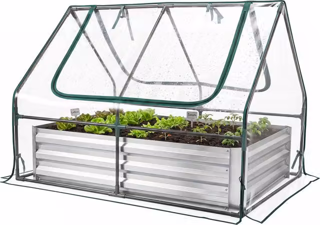 COSTWAY Raised Garden Bed with Cover in Silver Galvanised Steel and PVC
