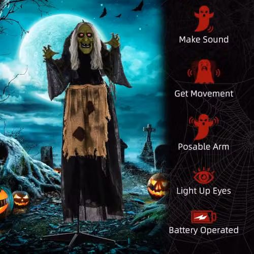 HOMCOM Sound Activated Halloween Witch Animatronic Prop in Grey, Height: 160 cm – 7