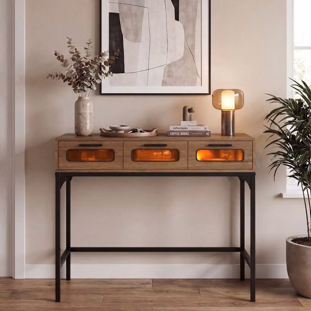 Gymax Khaki Console Table with LED Lights, Outlets and USB Ports, Width: 90 cm, Height: 75 cm – 6