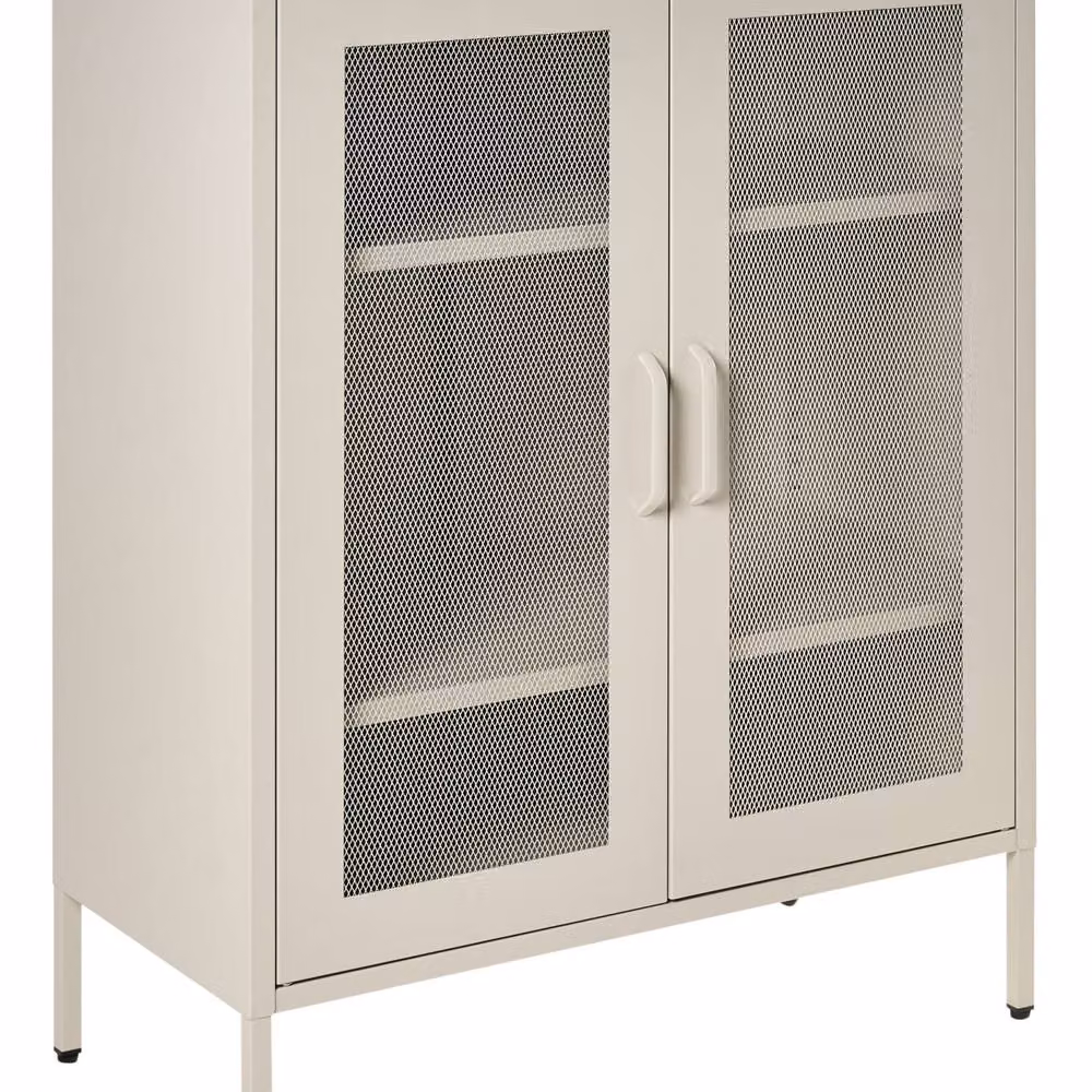 Wyld and Coco Industrial Office Cabinet in Matt Beige with 2 Hinged Glass Doors and Locks – 2