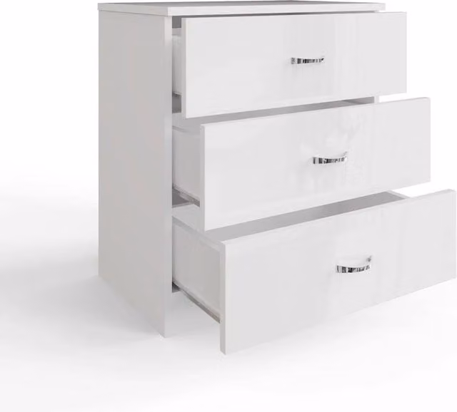 FLAVORA Gloss White 3 Drawer Chest of Drawers and Bedside Table W: 60.0 cm, D: 68.5 cm, H: 1.0 cm