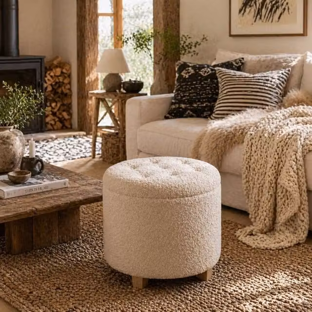 Wyld Haus Fimi Round Bouclé Storage Ottoman in Cream White, W/D/H: 45 x 45 x 41 cm – 1