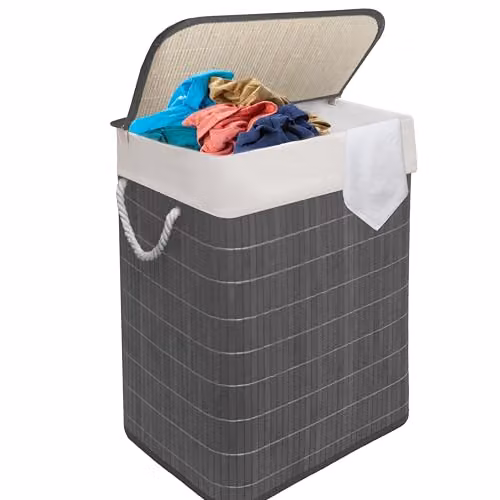 MantraRaj Bamboo Laundry Basket with Lid and 2 Compartments, 105L, Grey – 1
