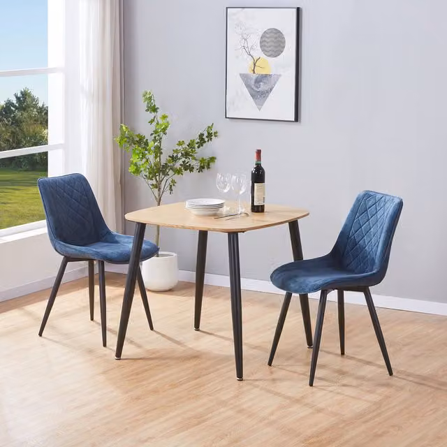 Core Products Aspen Light Oak Square Dining Table and 2 Blue Diamond Stitch Fabric Chair Set