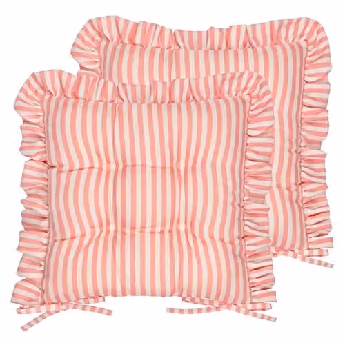 Riva Home Wylder Millie Ruffle Seat Pads, Pack of 2, Heritage Stripe Pink Indoor Outdoor Dining and Patio Chair Cushions, W/D: 40 x 40 cm