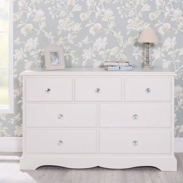 Romance 3 over 4 Chest of Drawers in Antique White with Diamond Shape Crystal Handles