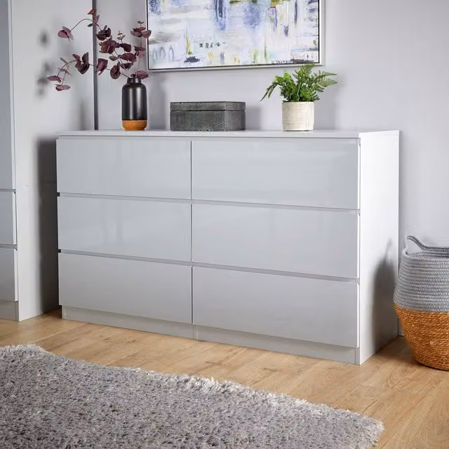 Home Source 6 Drawer Chest Modern Grey Glossy Bedroom Storage Unit W/D/H: 120 x 40 x 72 cm