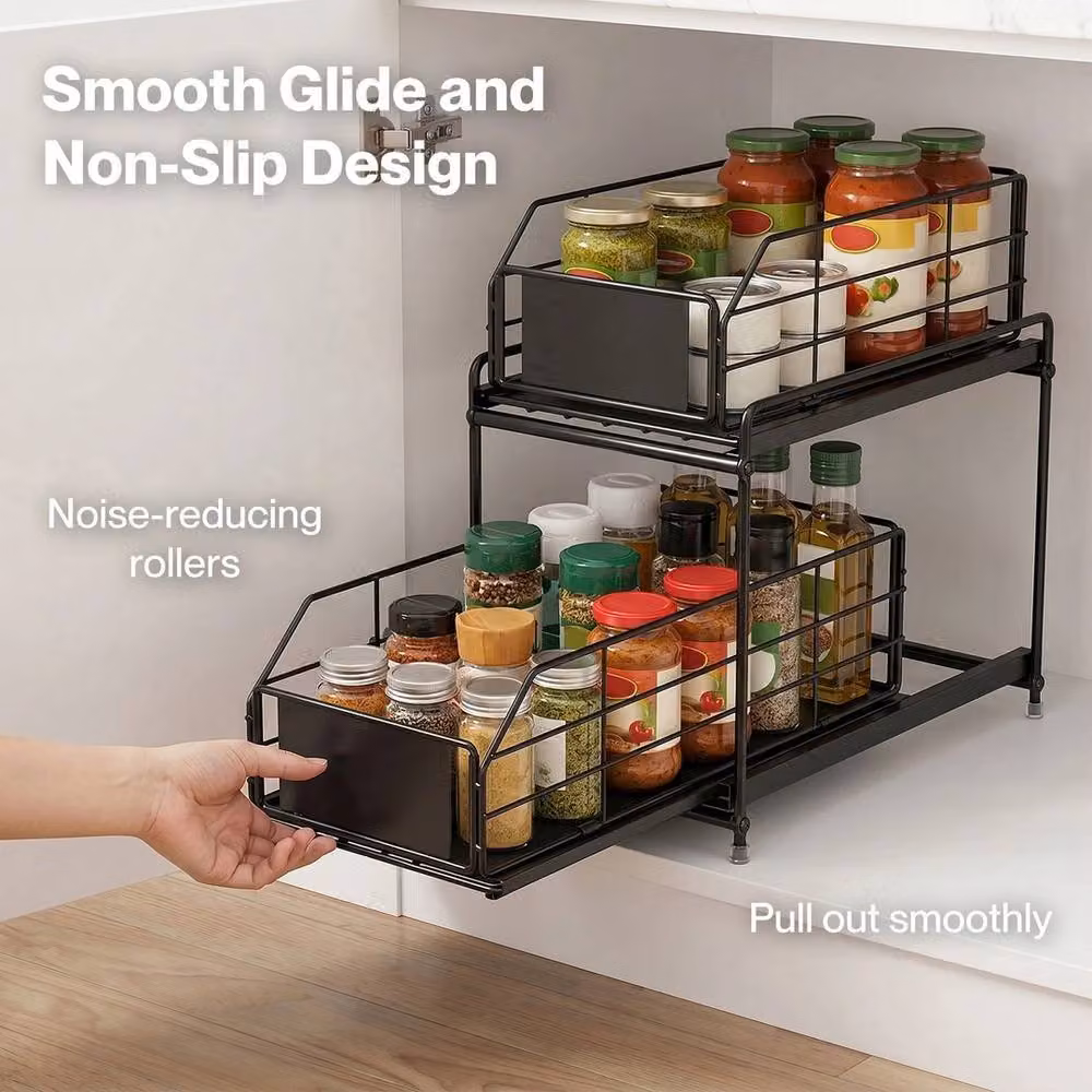 EONLION 2 Tier Metal Pull Out Under Sink Kitchen Cabinet Storage Basket in Black – 3