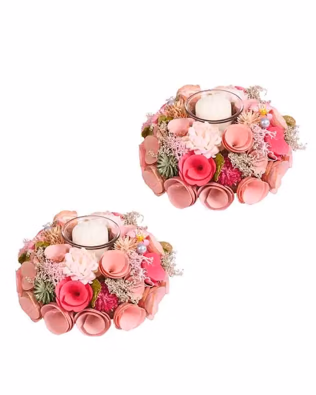 Dibor Set of 2 Floral Pink and White Glass Votive Candle Holders, Dia: 16 cm – 2