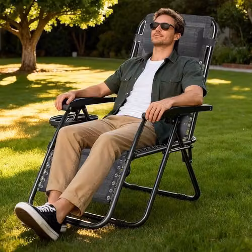 MCC Direct Set of 2 Zero Gravity Reclining Sun Loungers with Textilene Fabric, Cup Holders and Adjustable Headrests in Black and Grey – 2