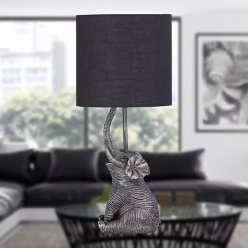 First Choice Lighting Elephant Black Resin Table Lamp with Black Fabric Shade – 5