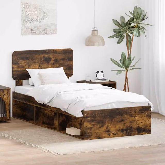 Berkfield Home Smoked Oak Bed Frame in Brown, Solid Pine and MDF Wood, W: 100 cm, D: 200 cm – 1